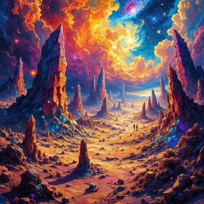 The primary subject of the image is a group of tall, colorful, and oddly shaped rocks. These rocks are situated in a desert-like environment, with a sky background. The visual style of the image is digital art, as it appears to be a painting or drawing with a vibrant and surreal atmosphere. The dominant colors in the image are orange, red, and blue, creating a warm and lively mood.